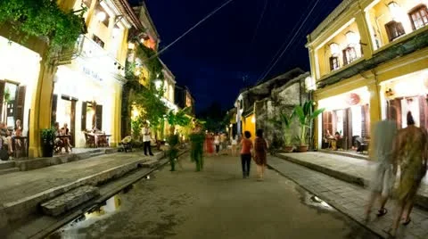 Time Lapse of People walking in Streets of Hoi An, Vietnam at Night Stock Footage
