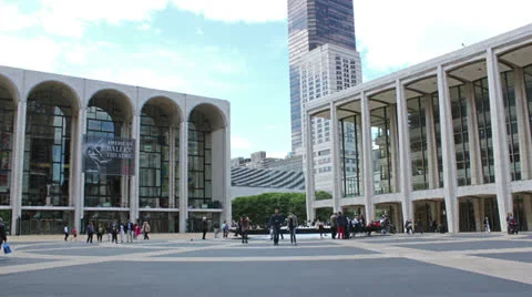Time lapse of people walking through the plaza of Lincoln Center in New York. Stock Footage 25681914