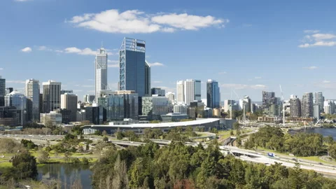 Time lapse of Perth city CBD during the day, clouds moving. Tourism Australia Видео 138784746