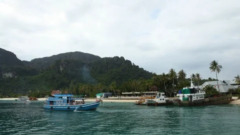 Time Lapse of Phi Phi Don Island Ferryboat Docked in Thai Port Tourist Transport Stock Footage 99843048