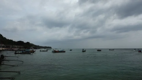Time Lapse of Phi Phi Don Island Long Tail Boat Depart in Port Tourist Transport Stock Footage 104390164