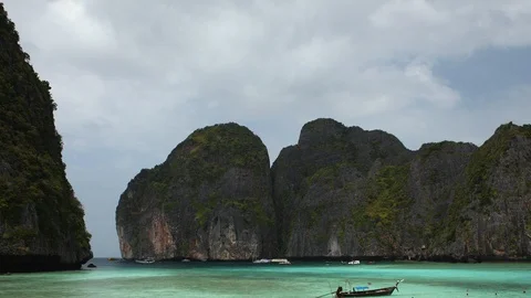 Time Lapse of Phi Phi Island Beach Long Tail Boats and Yachts in Famous Maya Bay Stock Footage 104389495