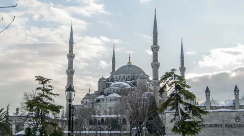 Time lapse photography, clouds moving across the blue sky with Blue Mosque Stock Footage 47440947