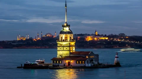 Time Lapse Photography, cloudy day Maiden Tower at blue hours Stock Footage 47502936
