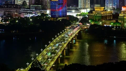 Time-lapse photography of the night view of Taoyuan Bridge and high-rise buildin Stock Footage 334182223
