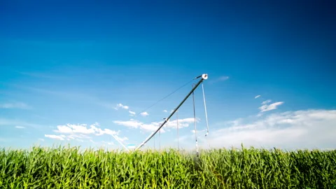 Time lapse of a pivot irrigating a green corn field Stock Footage 163046225