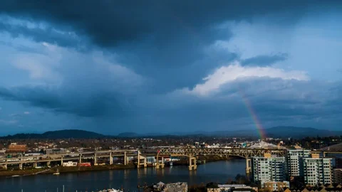 Time Lapse of Portland Waterfront Cloud Movement With A Rainbow Stock Footage 106577752