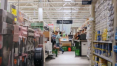 Time Lapse. POV. Movement on the hardware store between the shelves and sections Video stock 117376864
