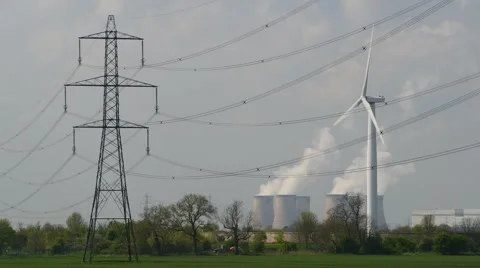 Time lapse power generating windmills and drax power station uk Stock Footage 49847362