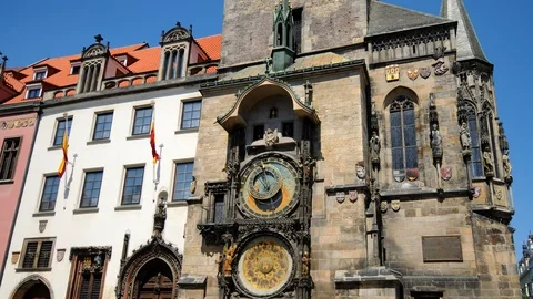 Time Lapse of Prague with Astrological Clock on Town Hall Tower Iconic Landmark Stock Footage 104506195