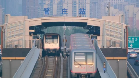 Time lapse of Rail transit line and cars in Traffic Jam in Beijing Stock Footage 128408220