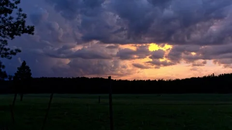 Time lapse of rain clouds above a forest meadow at sunset Stock Footage 341680194