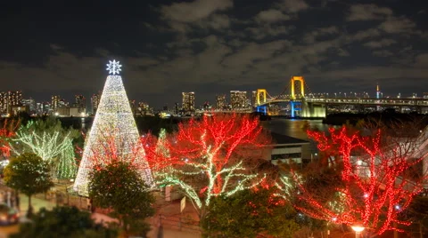 Time lapse of the Rainbow Bridge and Christmas decorations on Odaiba Tokyo Japan Video stock 50503884