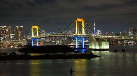 Time lapse of the Rainbow Bridge at night as seen from Odaiba with pan right Stock Footage 50503813