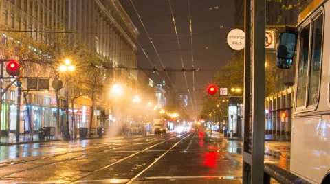 Time lapse of a rainy San Francisco morning at Market st. Stockton and Ellis Stock Footage 46324687