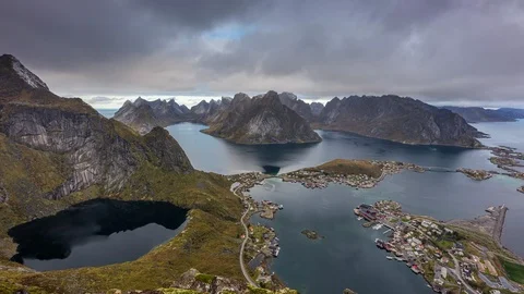Time lapse of Reinebrigen view point in cloudy day in autumn season, Lofoten Stock Footage 113166142