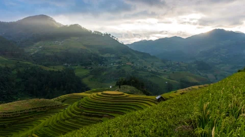 Time lapse - Rice fields on terraced of Mu Cang Chai, YenBai, Vietnam. (pan) Stock Footage 68350873