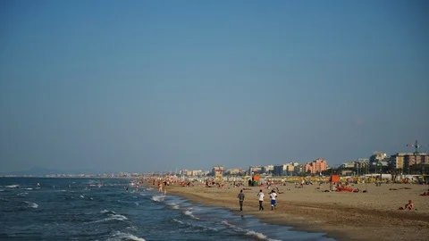 Time Lapse of Rimini Iconic Destination Tourists People Sunbathing on Beach Day Stock Footage 99843433