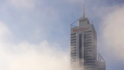 Time lapse of Rio Tinto tower in Perth, Western Australia with morning fog Stock Footage 127419106
