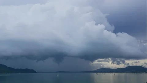 Time lapse ripple sea wave water , yatch mooring in sea,  raining in the ocea Stock Footage 132473686