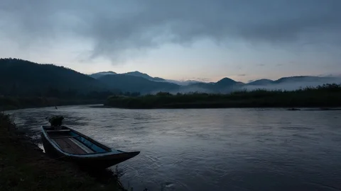 Time lapse of river flow and sunrise Stock Footage 119955322