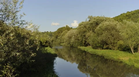 Time lapse of river flow through the trees on banks Stock Footage 46083978