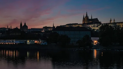 Time lapse of river, Lesser Town of Prague and Prague Castle during dusk. 4K Stock Footage 100685201