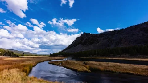Time lapse - River running through Yellowstone National Park in Fall Time Stock Footage 258176861