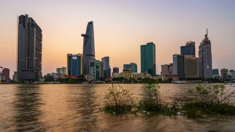 Time lapse riverside city sunset sky and night Stock Footage 156484065