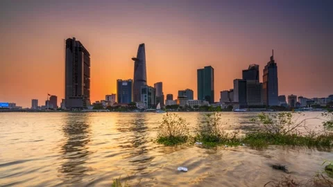 Time lapse riverside city sunset sky and night Stock Footage 156484072