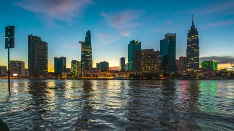 Time lapse riverside city sunset sky Stock Footage 164589768