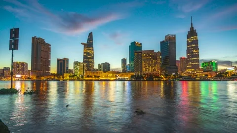 Time lapse riverside city sunset sky Stock Footage 164589874
