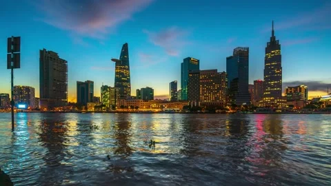 Time lapse riverside city sunset sky Stock Footage 164589899