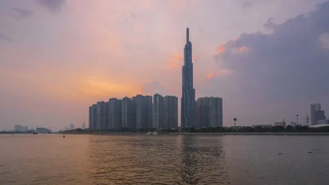 Time lapse riverside skyscraper at sunset sky Stock Footage 146010120