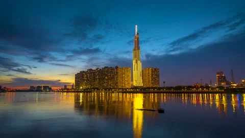 Time lapse of riverside urban area at sunset sky Stock Footage 164589553