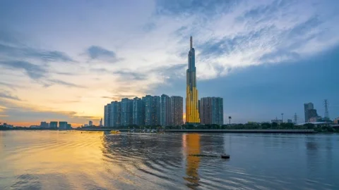 Time lapse of riverside urban area at sunset sky Stock Footage 164589568