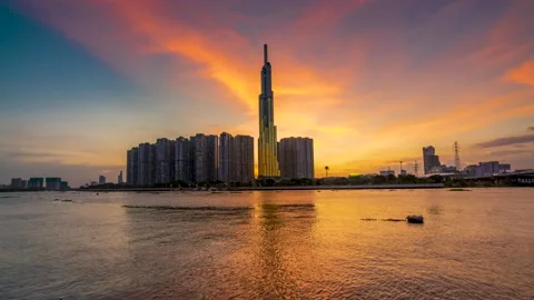 Time lapse of riverside urban area at sunset sky Stock Footage 164589765