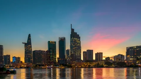 Time lapse of riverside urban area at sunset sky Stock Footage 164885145