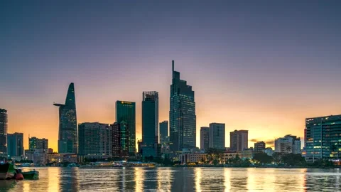 Time lapse Riverside urban area at sunset sky Stock Footage 164885147