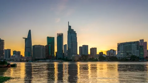 Time lapse Riverside urban area at sunset sky Stock Footage 164885151