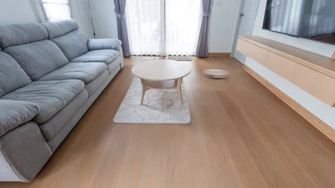 Time lapse of Robotic vacuum cleaner on laminate wood floor in living room  Stock Footage 253631849