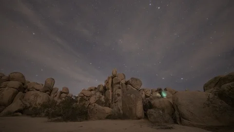 Time-lapse of rock under beautiful stars in Joshua Tree National Park at night Stock Footage 116600487