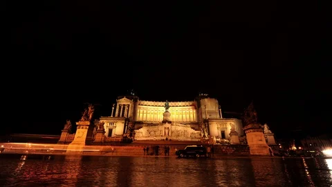 Time Lapse of Rome City People and Cars Traffic Jam Venice Square Monument Night Stock Footage 99140833