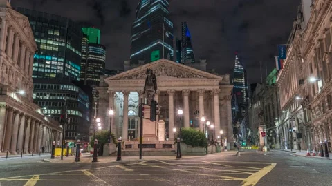Time lapse of the Royal Exchange and city of London buildings at night Stock Footage 149382914