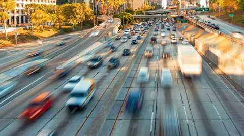 Time-lapse of rush hour freeway traffic in downtown LA Stock Footage