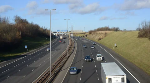 Time lapse rush hour traffic traveling on the A1/M motorway Leeds, UK Stock Footage 33787205