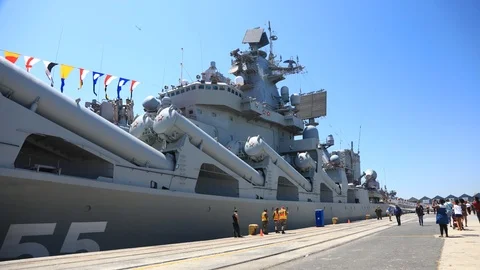 Time Lapse of Russian Navy Slava-class missile cruiser Marshal Ustinov docked Stock Footage 120485016