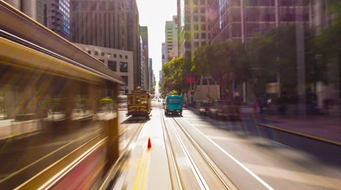 Time-Lapse San Francisco Inbound California Street Cable Car Riding Center Front Stock Footage