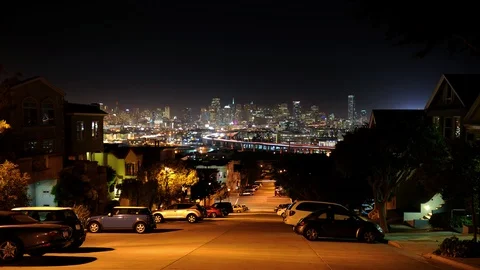 Time Lapse of San Francisco Skyline Office Buildings Cars Traffic Highway Night Video stock 106133853