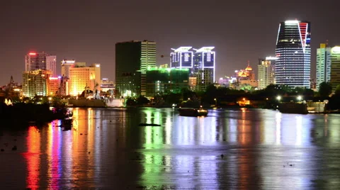 Time Lapse of Scenic Ho Chi Minh City (Saigon) Skyline at Night - Vietnam Stock Footage 45870422